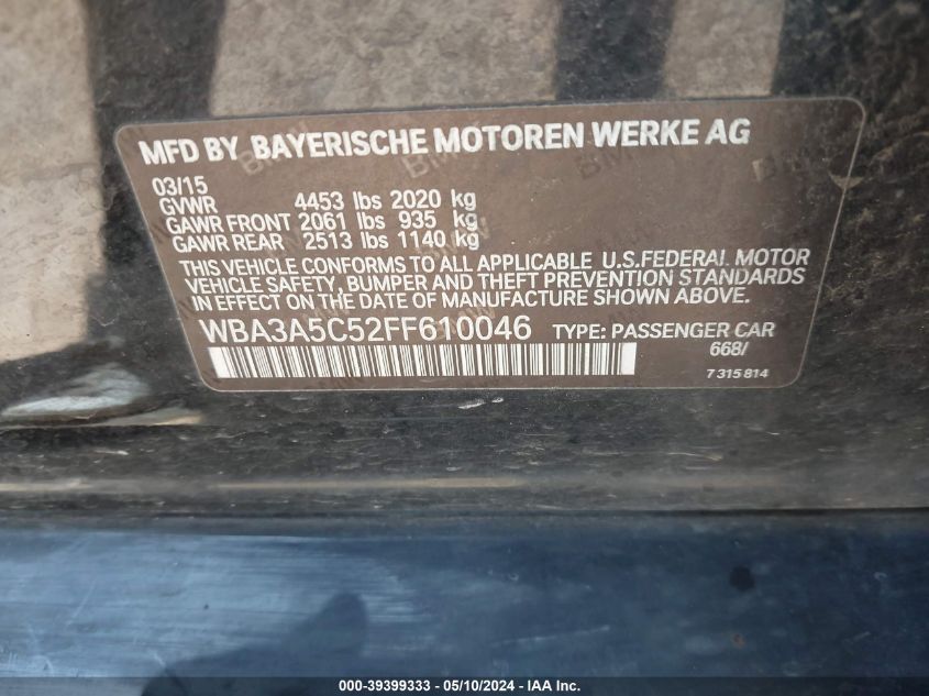 2015 BMW 328I VIN: WBA3A5C52FF610046 Lot: 39399333