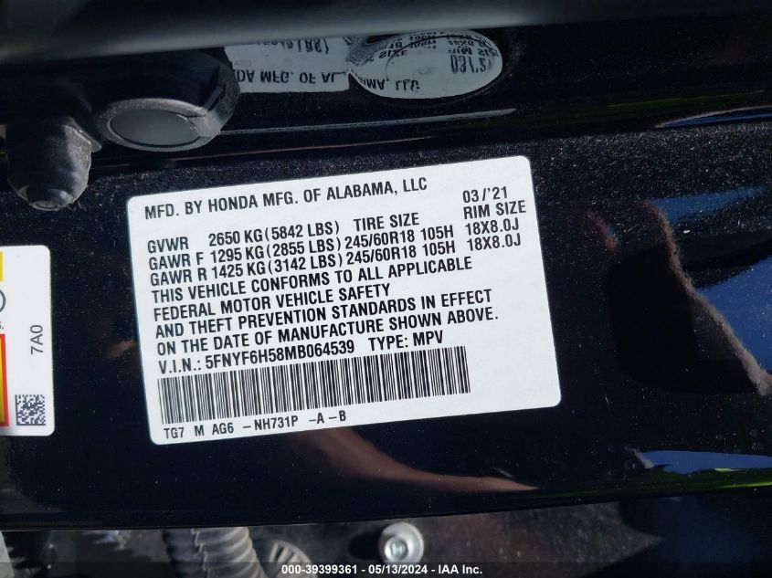 2021 Honda Pilot Awd Ex-L VIN: 5FNYF6H58MB064539 Lot: 39399361