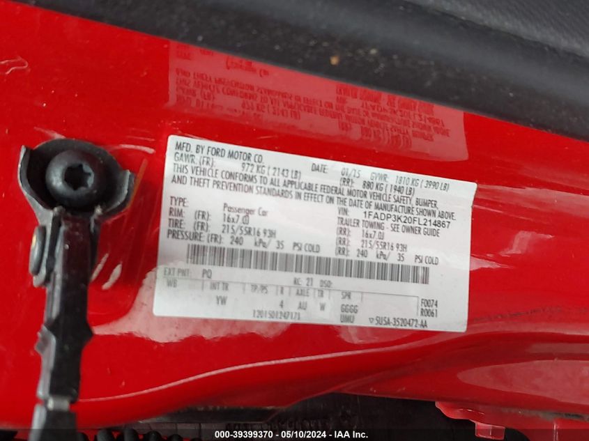 2015 Ford Focus Se VIN: 1FADP3K20FL214867 Lot: 39399370