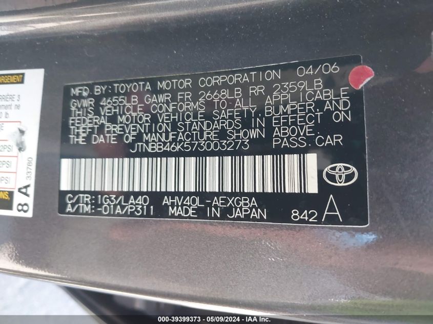 2007 Toyota Camry Hybrid VIN: JTNBB46K573003273 Lot: 39399373