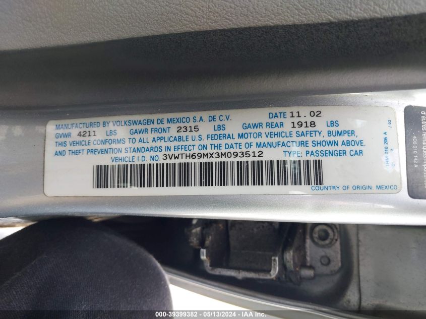 2003 Volkswagen Jetta Glx VIN: 3VWTH69MX3M093512 Lot: 39399382