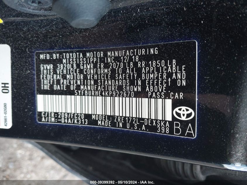 VIN 5YFBURHE4KP922670 2019 TOYOTA COROLLA SE