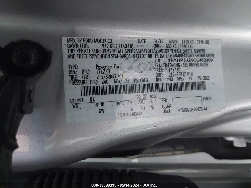 2012 Ford Focus Titanium VIN: 1FAHP3J24CL462909 Lot: 39399395