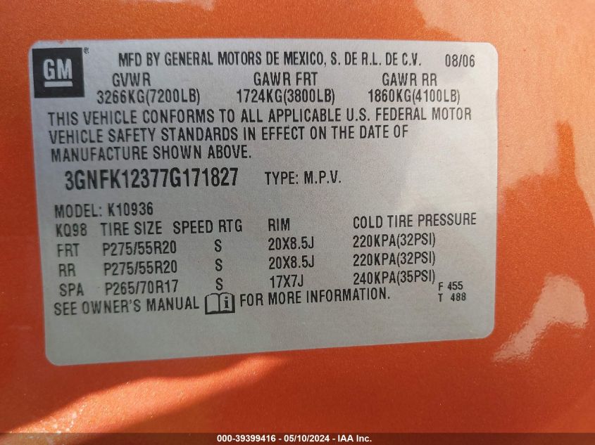 2007 Chevrolet Avalanche 1500 Ltz VIN: 3GNFK12377G171827 Lot: 39399416