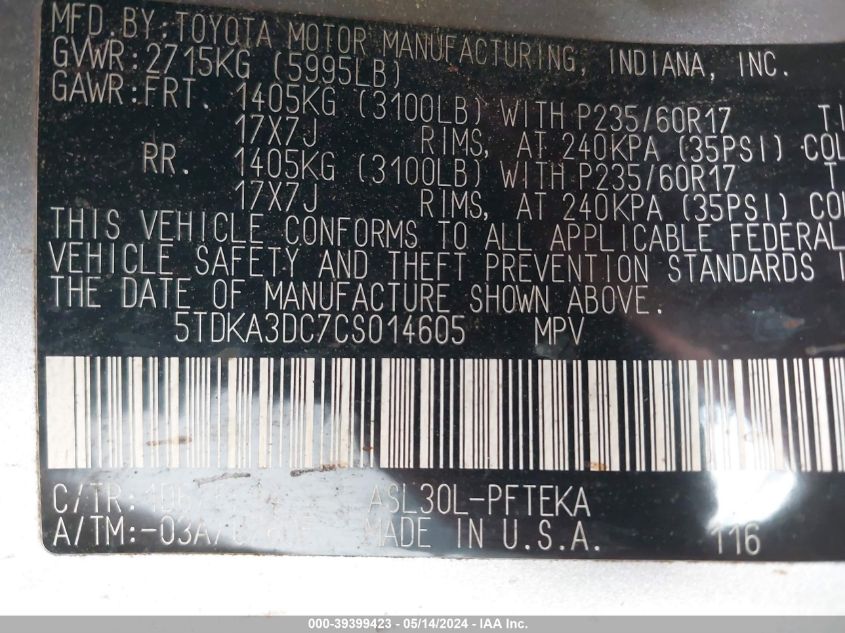 2012 Toyota Sienna Base 7 Passenger VIN: 5TDKA3DC7CS014605 Lot: 39399423