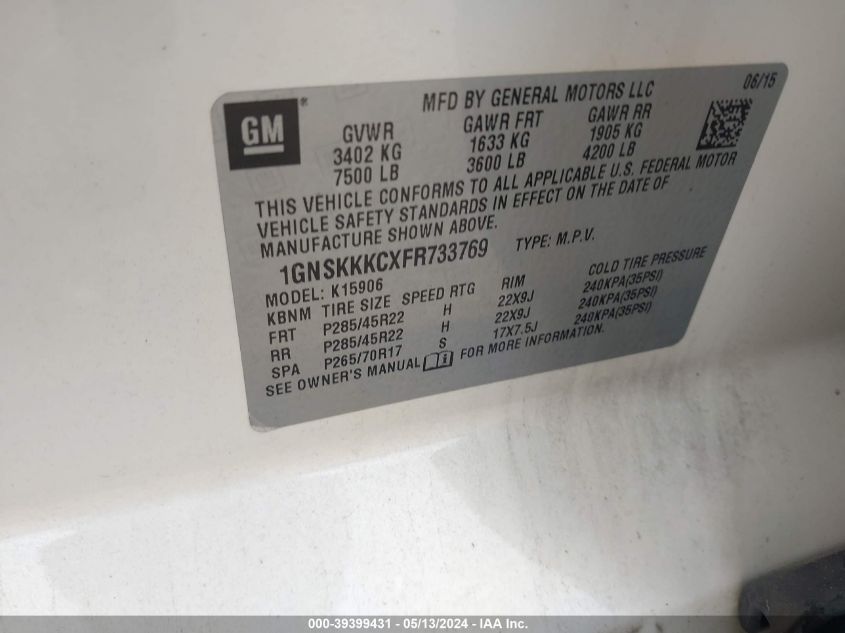 2015 Chevrolet Suburban 1500 Ltz VIN: 1GNSKKKCXFR733769 Lot: 39399431