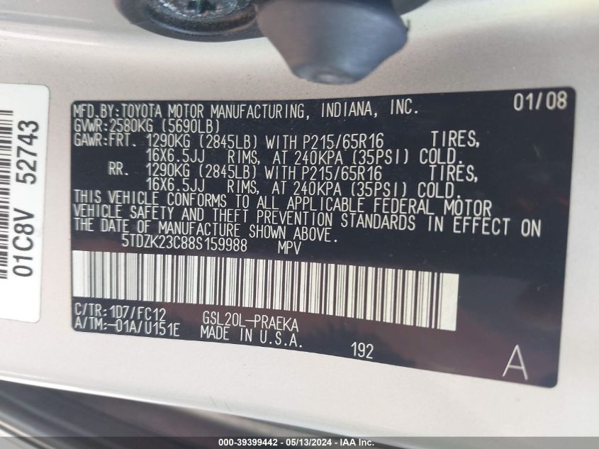 2008 Toyota Sienna Le VIN: 5TDZK23C88S159988 Lot: 39399442
