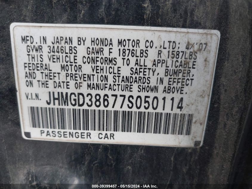 2007 Honda Fit Sport VIN: JHMGD38677S050114 Lot: 39399457