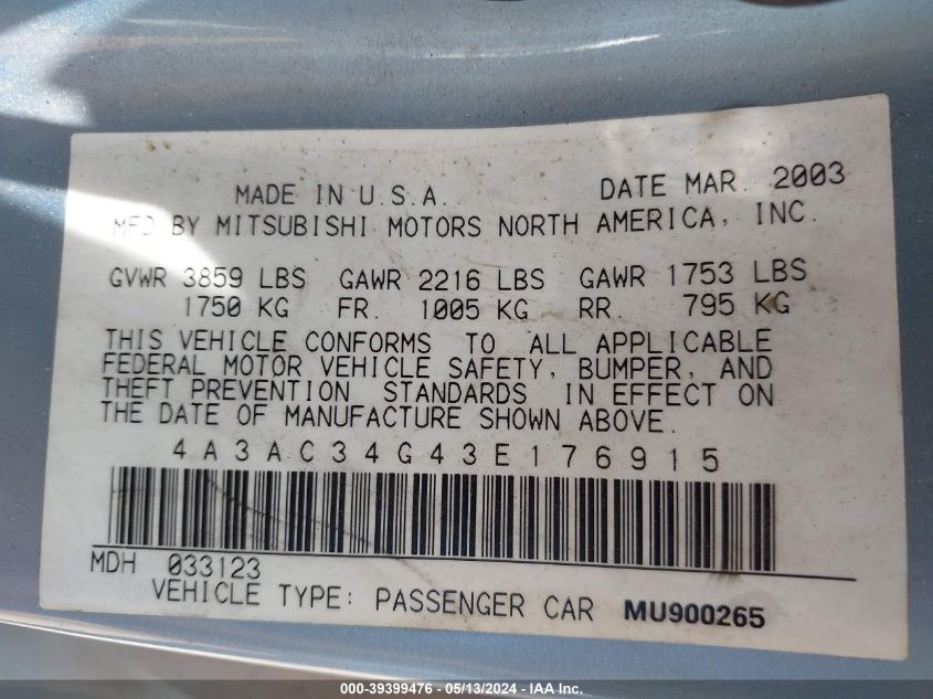 2003 Mitsubishi Eclipse Rs VIN: 4A3AC34G43E176915 Lot: 39399476
