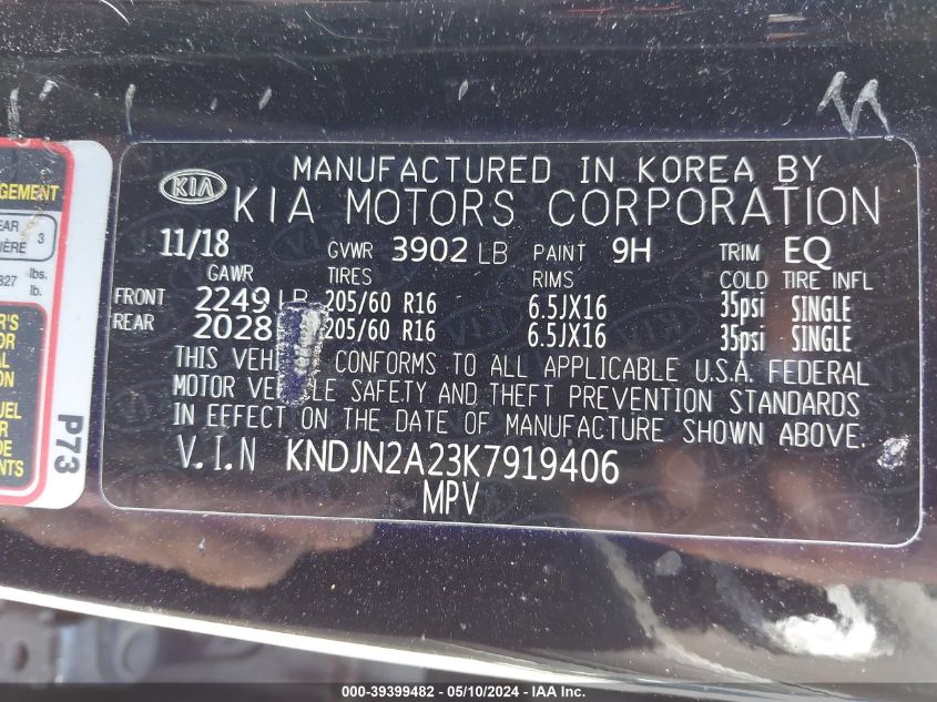 2019 Kia Soul VIN: KNDJN2A23K7919406 Lot: 39399482