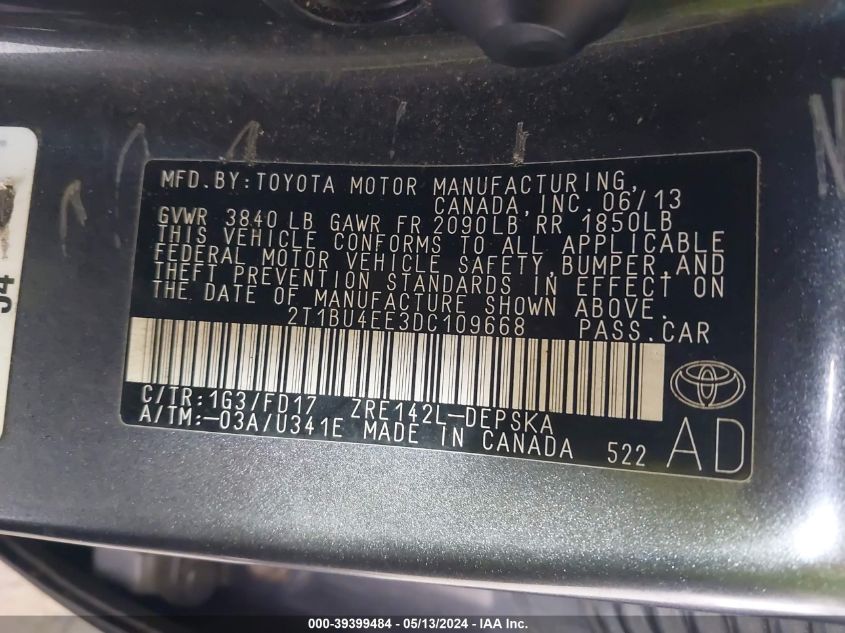 2013 TOYOTA COROLLA VIN: 2T1BU4EE3DC109668