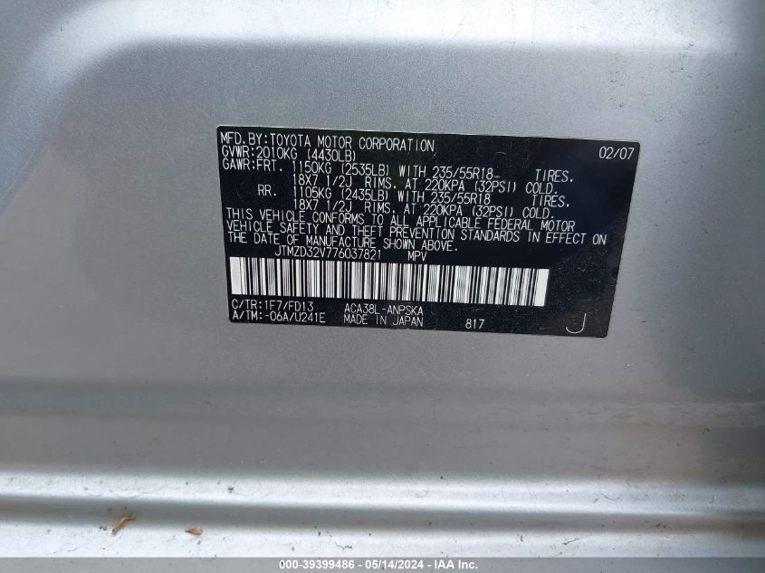 2007 Toyota Rav4 Sport VIN: JTMZD32V776037821 Lot: 39399486