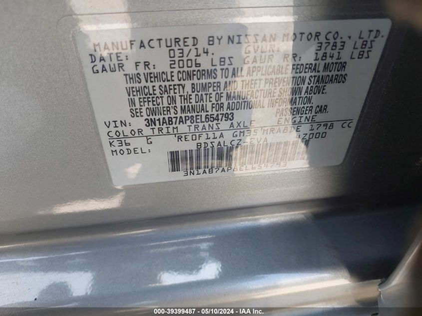 2014 Nissan Sentra S VIN: 3N1AB7AP8EL654793 Lot: 39399487