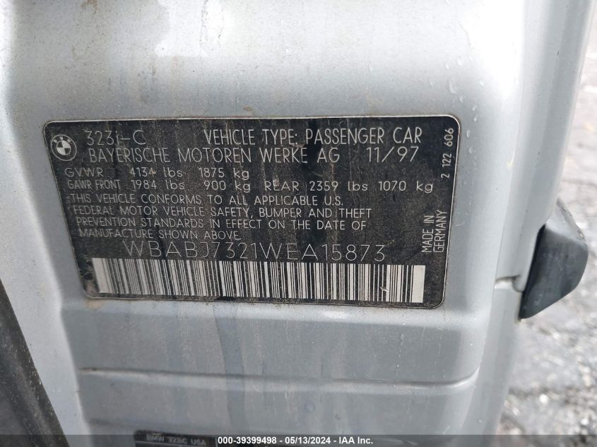1998 BMW 323Ic VIN: WBABJ7321WEA15873 Lot: 39399498