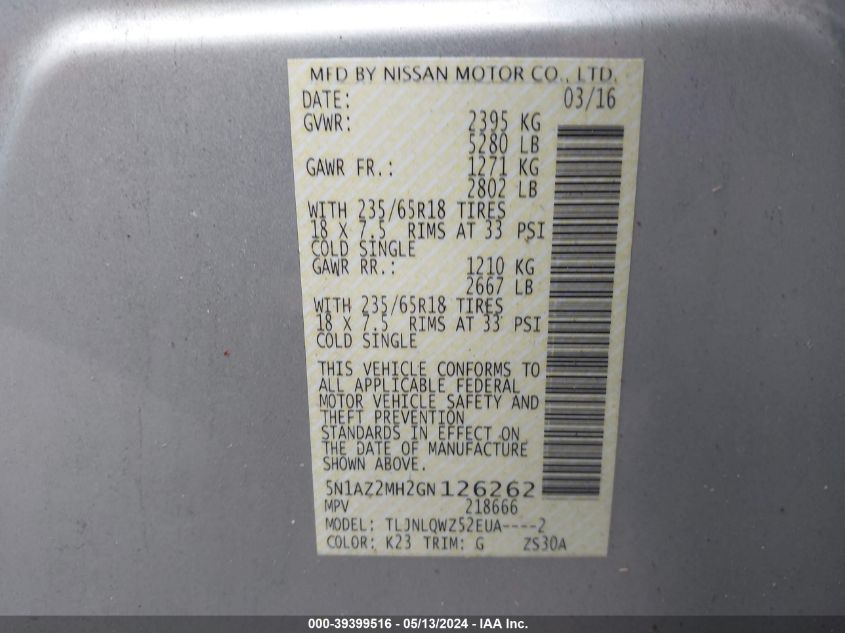 2016 Nissan Murano Sv VIN: 5N1AZ2MH2GN126262 Lot: 39399516