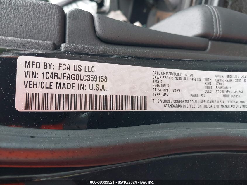 2020 Jeep Grand Cherokee Laredo E 4X4 VIN: 1C4RJFAG0LC359158 Lot: 39399521