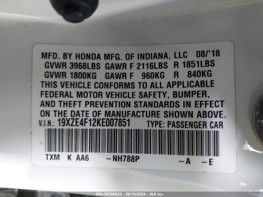 2019 Honda Insight Lx VIN: 19XZE4F12KE007851 Lot: 39399533