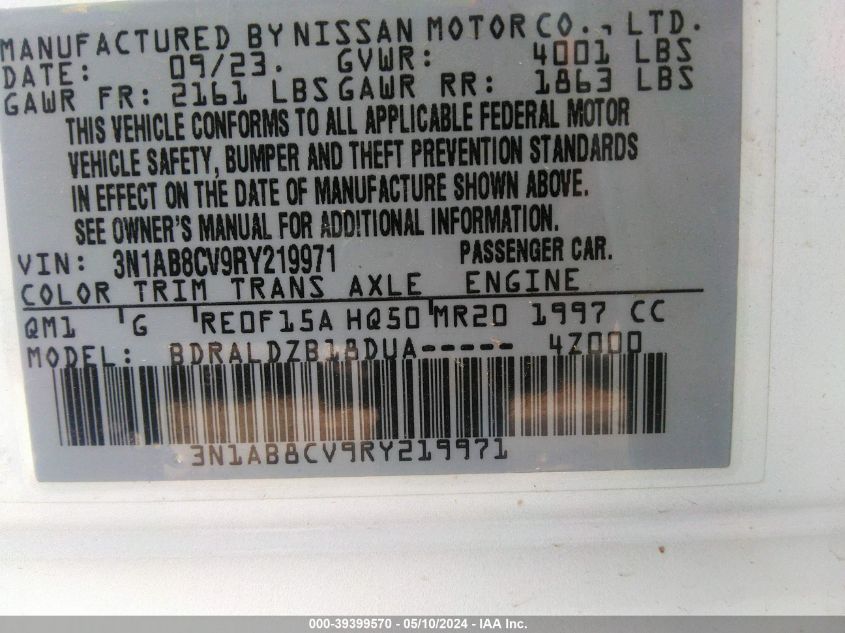 2024 Nissan Sentra Sv Xtronic Cvt VIN: 3N1AB8CV9RY219971 Lot: 39399570