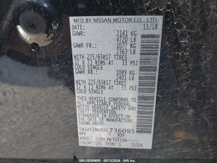 2019 Nissan Rogue S VIN: 5N1AT2MV8KC736095 Lot: 39399600