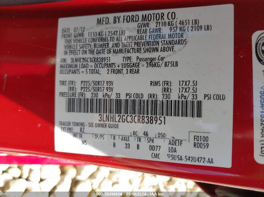 2012 Lincoln Mkz VIN: 3LNHL2GC3CR838951 Lot: 39399606