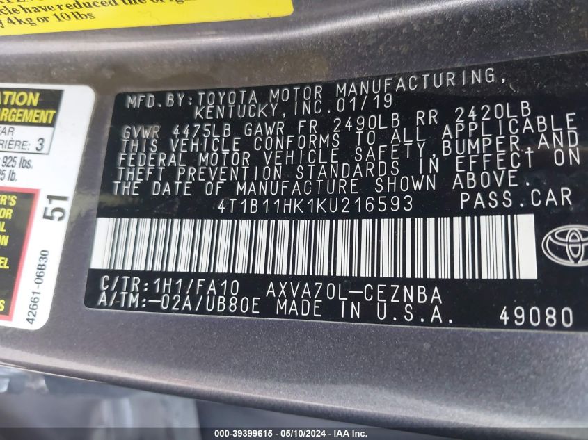 2019 Toyota Camry Le VIN: 4T1B11HK1KU216593 Lot: 39399615