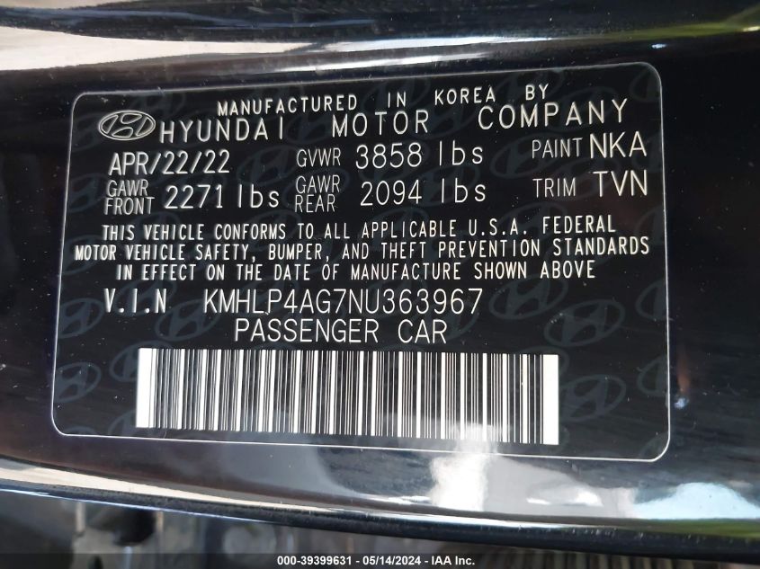 2022 Hyundai Elantra Limited VIN: KMHLP4AG7NU363967 Lot: 39399631