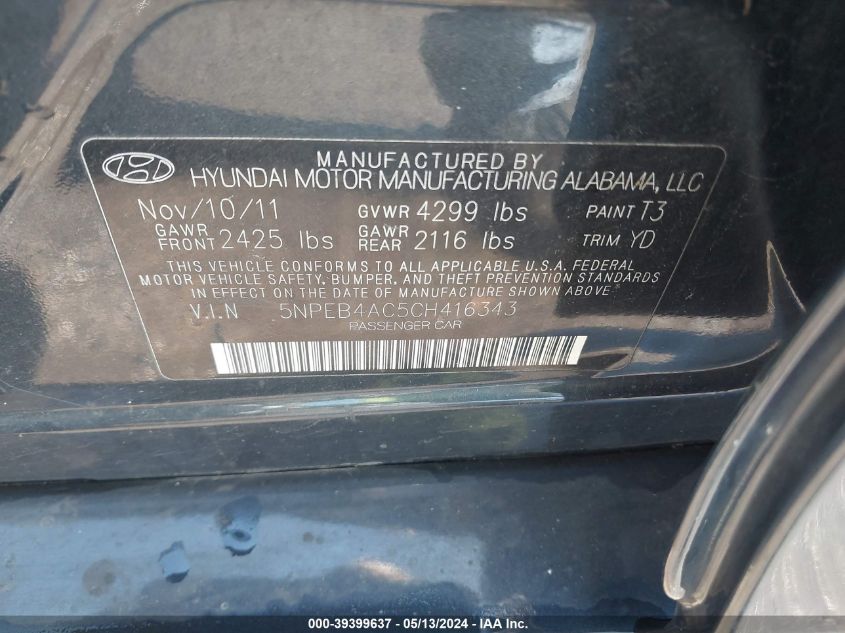 2012 Hyundai Sonata Gls VIN: 5NPEB4AC5CH416343 Lot: 39399637