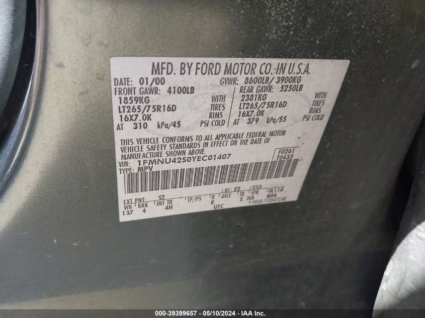 2000 Ford Excursion Limited VIN: 1FMNU42S0YEC01407 Lot: 39399657