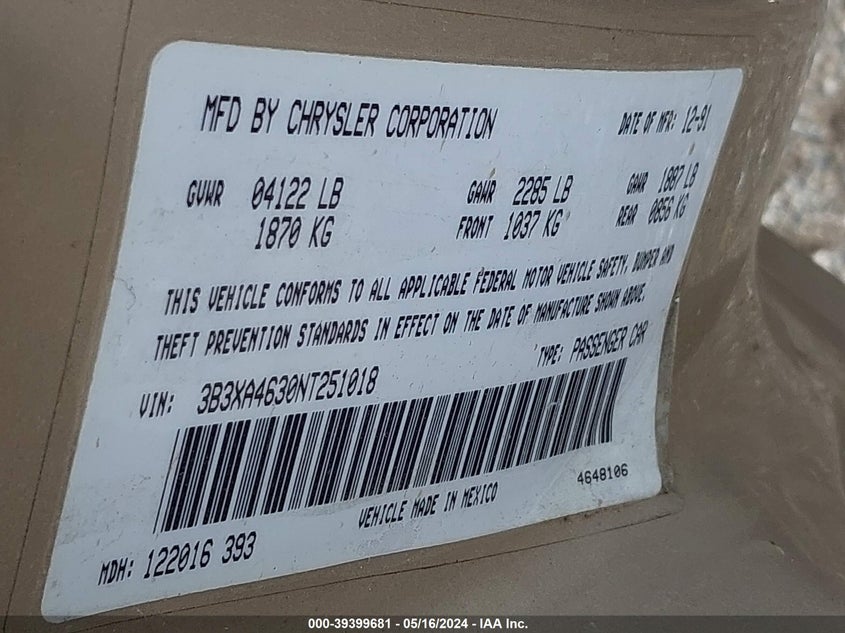 1992 Dodge Spirit VIN: 3B3XA4630NT251018 Lot: 39399681