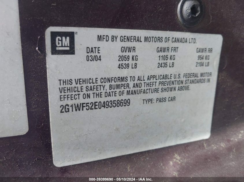 2004 Chevrolet Impala VIN: 2G1WF52E049358699 Lot: 39399690