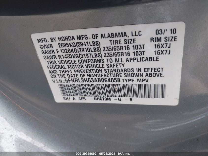 2010 Honda Odyssey Ex-L VIN: 5FNRL3H63AB064058 Lot: 39399692