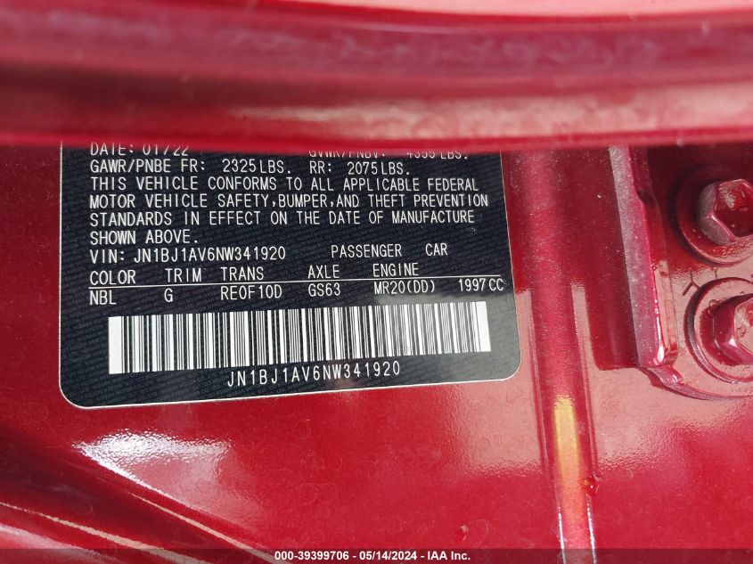 2022 Nissan Rogue Sport S Fwd Xtronic Cvt VIN: JN1BJ1AV6NW341920 Lot: 39399706