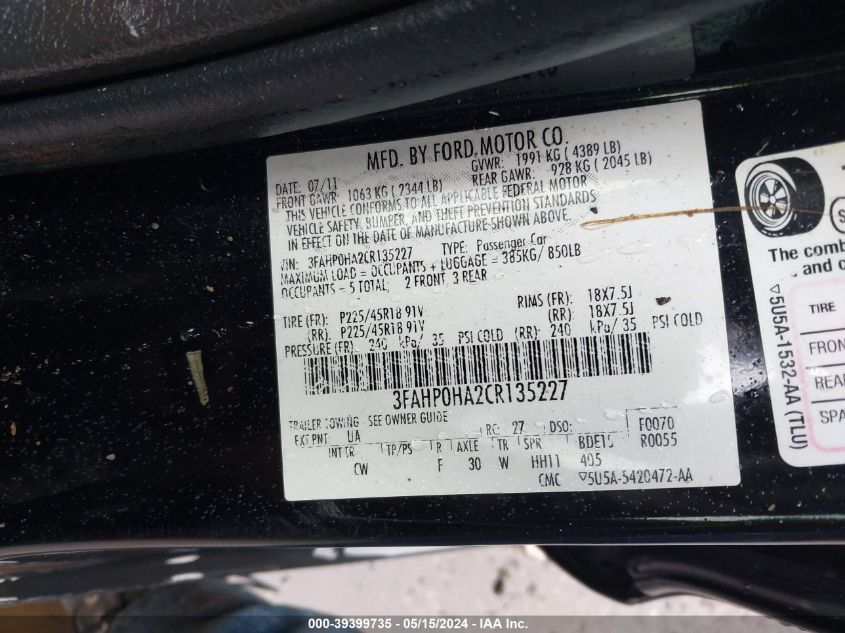 2012 Ford Fusion Se VIN: 3FAHP0HA2CR135227 Lot: 39399735