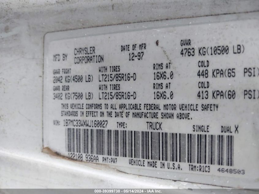 1998 Dodge Ram 3500 St VIN: 1B7MC33WXWJ160027 Lot: 39399738