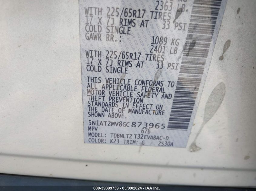 2016 Nissan Rogue Sv VIN: 5N1AT2MV8GC873965 Lot: 39399739