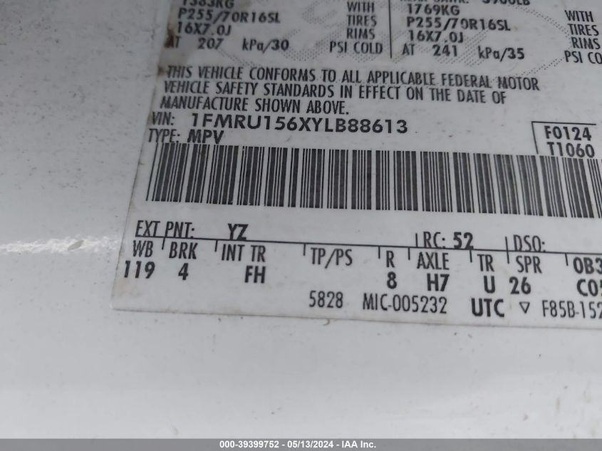 2000 Ford Expedition Xlt VIN: 1FMRU156XYLB88613 Lot: 39399752