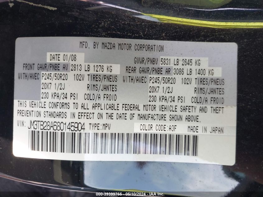 2008 Mazda Cx-9 Grand Touring VIN: JM3TB28A680145904 Lot: 39399765