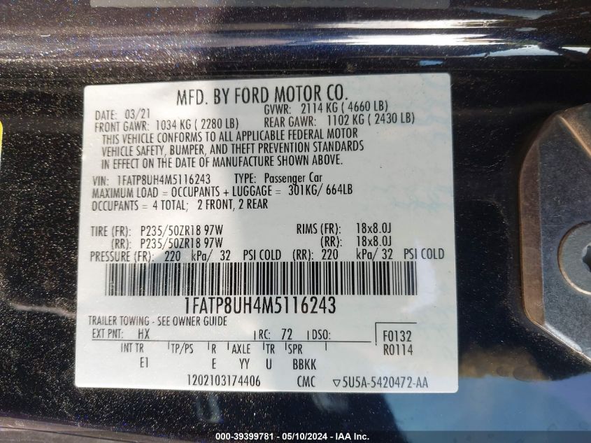 2021 Ford Mustang Ecoboost Premium VIN: 1FATP8UH4M5116243 Lot: 39399781