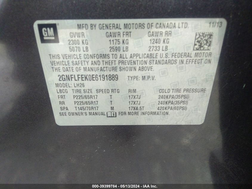 2014 Chevrolet Equinox 1Lt VIN: 2GNFLFEK0E6191889 Lot: 39399784