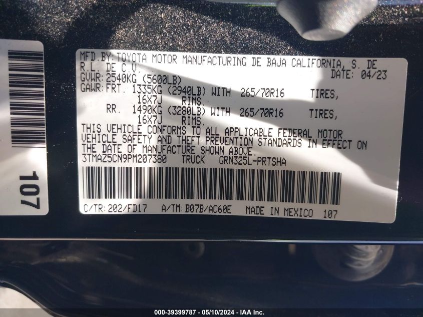 2023 Toyota Tacoma Trd Off Road VIN: 3TMAZ5CN9PM207380 Lot: 39399787