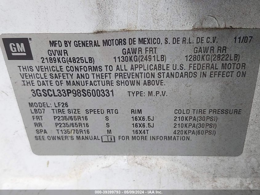 2008 Saturn Vue 4-Cyl Xe VIN: 3GSCL33P98S600331 Lot: 39399793