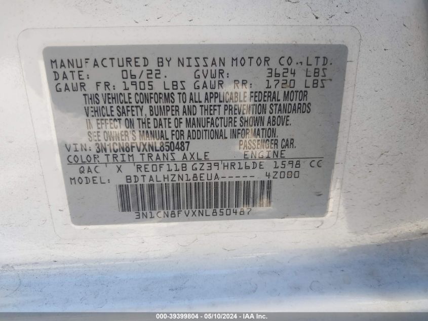 2022 Nissan Versa 1.6 Sr Xtronic Cvt VIN: 3N1CN8FVXNL850487 Lot: 39399804