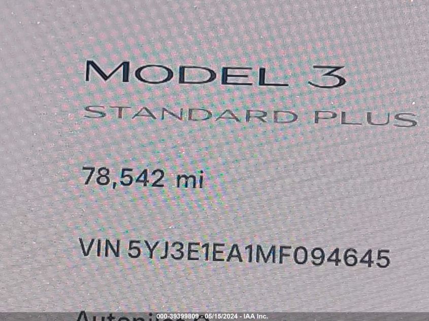 2021 Tesla Model 3 Standard Range Plus Rear-Wheel Drive VIN: 5YJ3E1EA1MF094645 Lot: 39399809