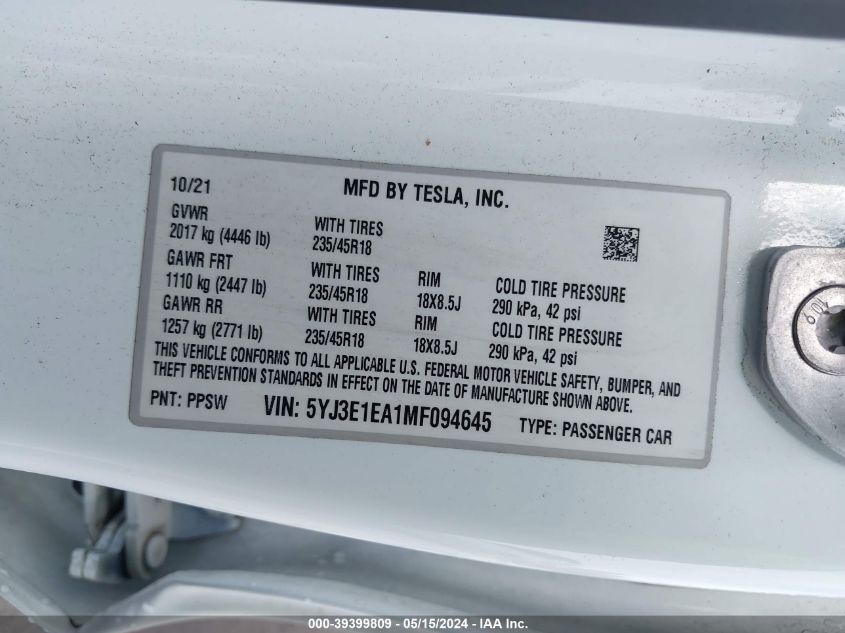 2021 Tesla Model 3 Standard Range Plus Rear-Wheel Drive VIN: 5YJ3E1EA1MF094645 Lot: 39399809