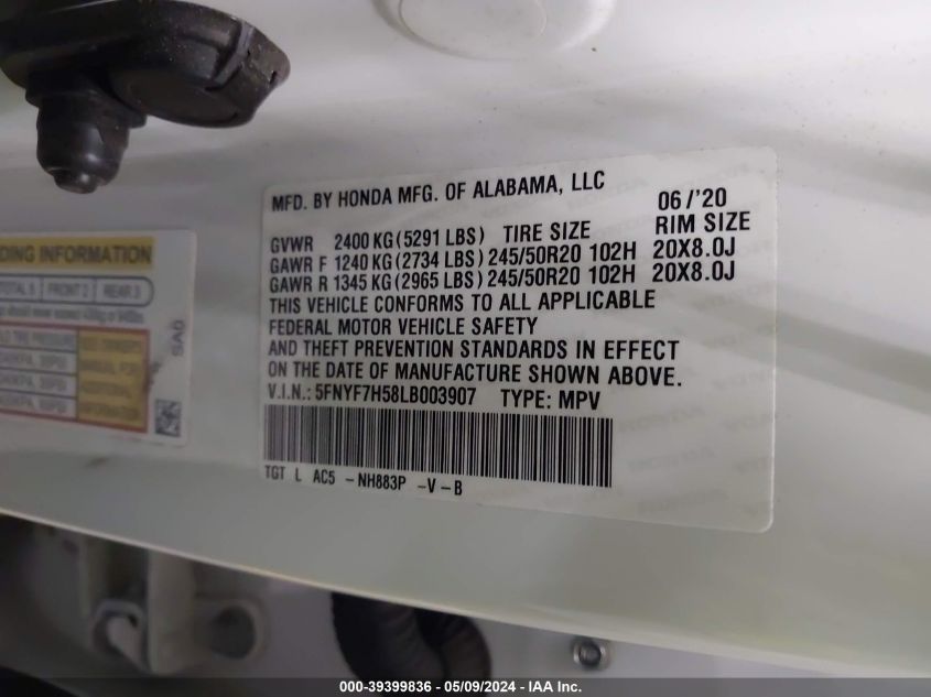 2020 Honda Passport 2Wd Ex-L VIN: 5FNYF7H58LB003907 Lot: 39399836