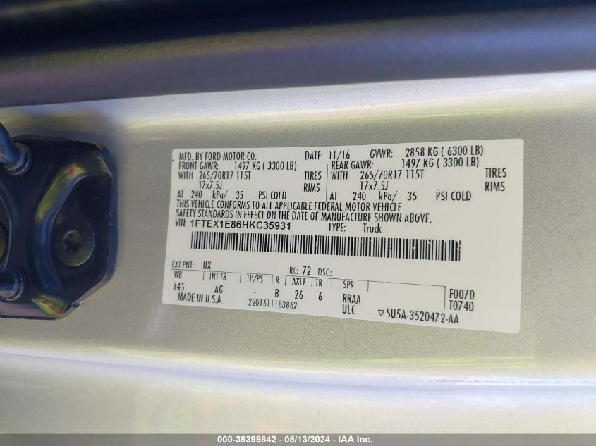 2017 Ford F-150 Xl VIN: 1FTEX1E86HKC35931 Lot: 39399842