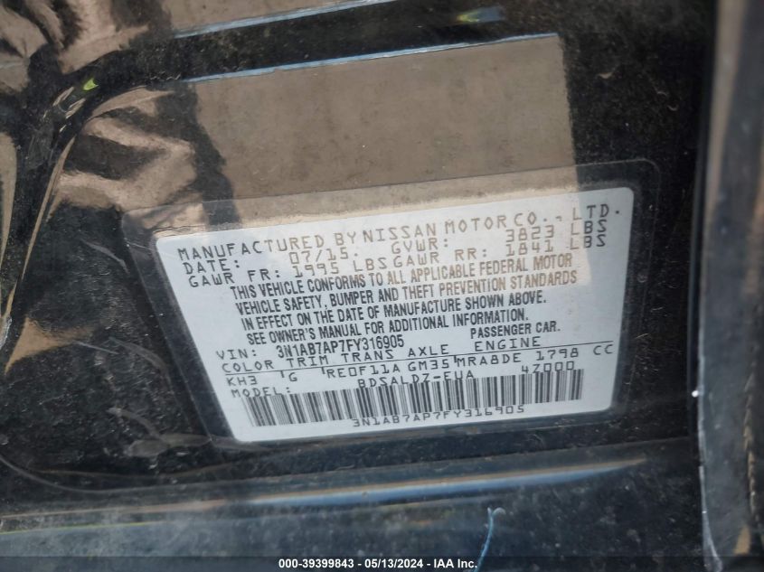 2015 Nissan Sentra Sv VIN: 3N1AB7AP7FY316905 Lot: 39399843