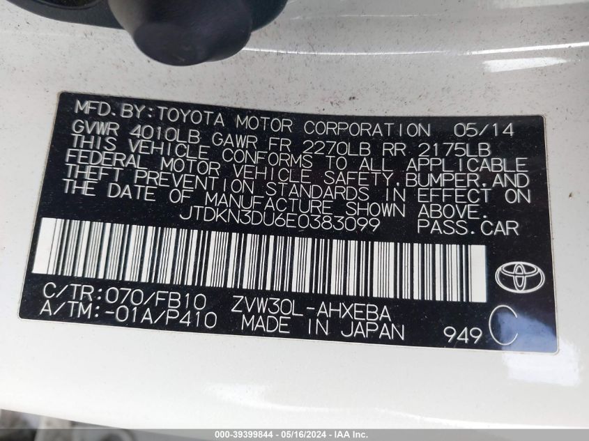 2014 Toyota Prius Two VIN: JTDKN3DU6E0383099 Lot: 39399844