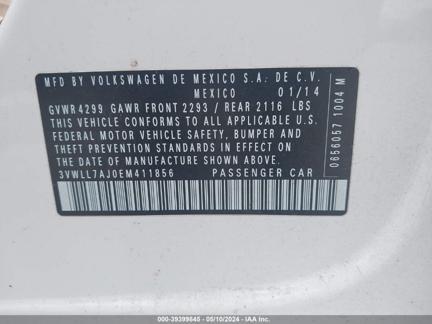 2014 Volkswagen Jetta 2.0L Tdi VIN: 3VWLL7AJ0EM411856 Lot: 39399845