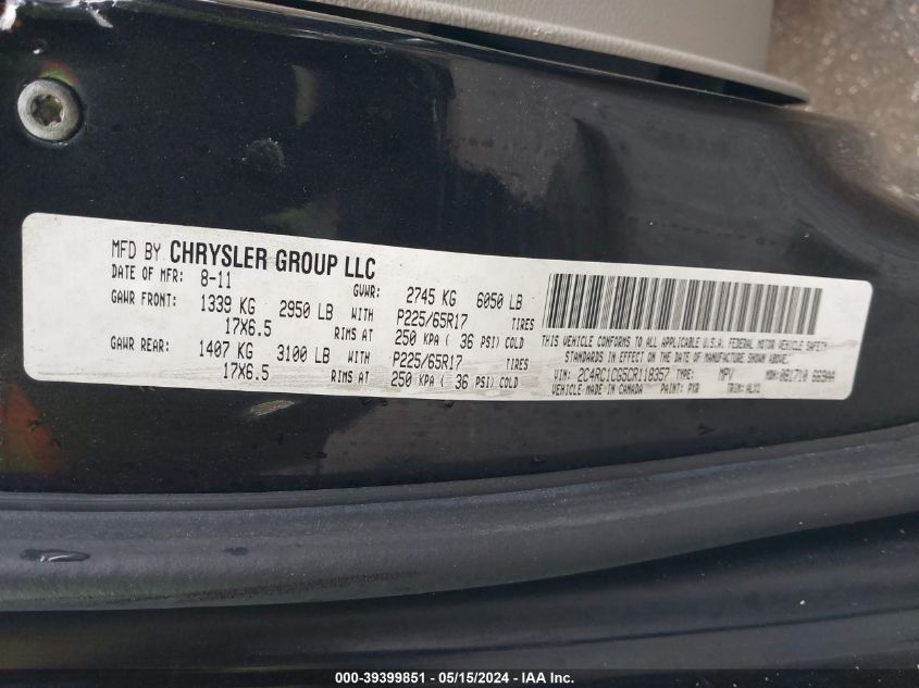 2012 Chrysler Town & Country Touring-L VIN: 2C4RC1CG5CR118357 Lot: 39399851